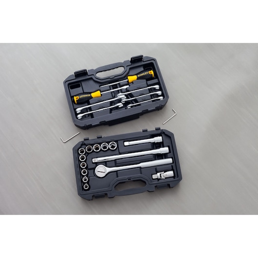 STANLEY STMT45513-LA socket and screwdriver set in open black hard case, top-down view with tools organized.