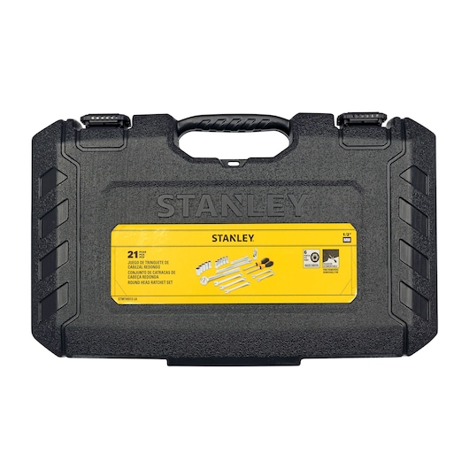 STANLEY STMT45513-LA round head ratchet set in a black hard plastic carrying case, front angle with yellow label.