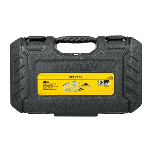 Stanley STMT45514-LA round head ratchet set case, black plastic, front angle, yellow label.