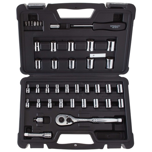 STANLEY socket and ratchet set STMT71648 in black hard plastic case, top-down view showing multiple sockets and accessories.