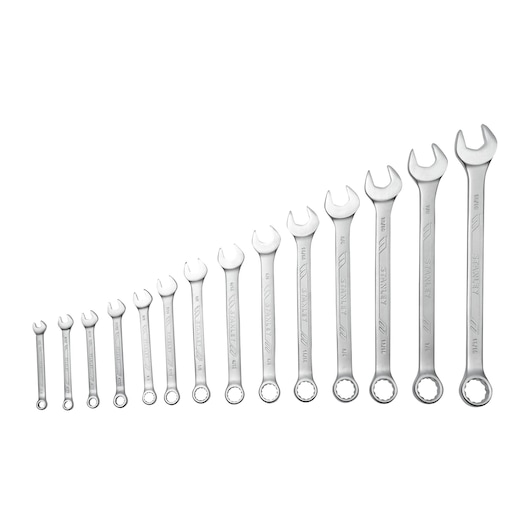 Stanley STMT73749-LA wrench set photo, thirteen silver combination wrenches arranged by size, front angle.