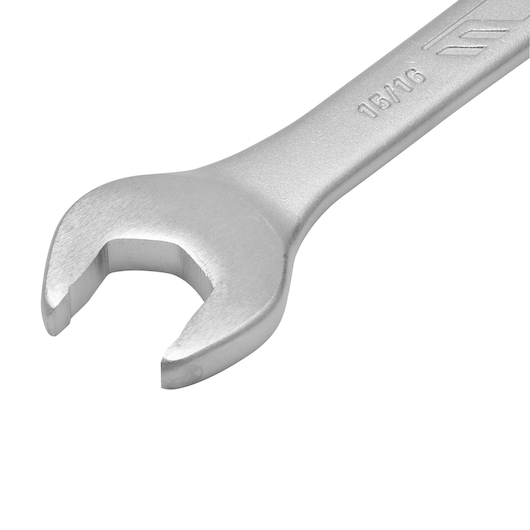 STANLEY STMT73749-LA open-end wrench, silver finish, closeup angle on white background.