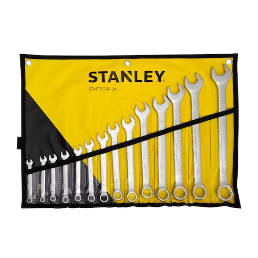Photo of STANLEY STMT73749-LA wrench set in yellow roll-up pouch, set of combination wrenches arranged by size.