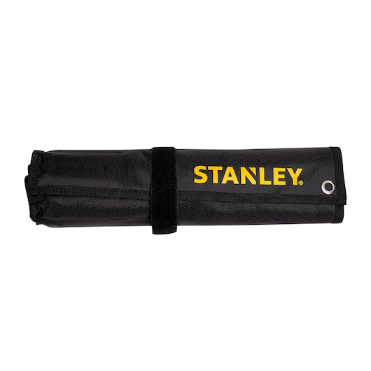 Photo of STANLEY STMT73749-LA black tool roll with yellow logo, rolled up, front angle on white background.