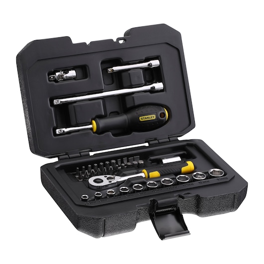 STANLEY STMT82828-LA black and yellow socket and ratchet set in open hard case, angled view on white background.