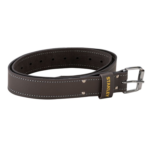 STANLEY STST1-80119 brown leather work belt with metal buckle, front angle on white background.