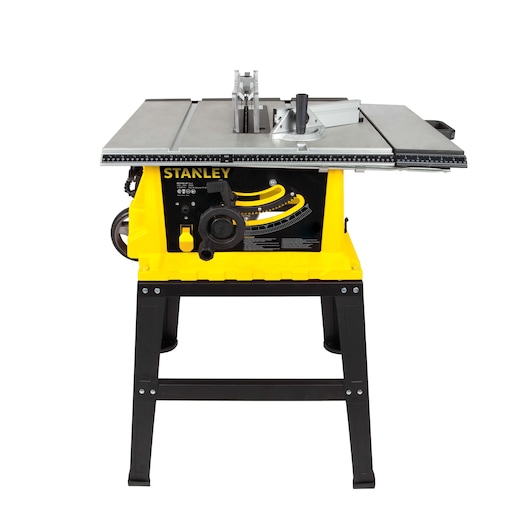 STANLEY STST1825 table saw, yellow and black, photography, front angle on white background.