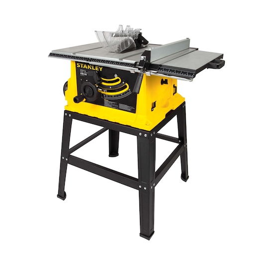 STANLEY STST1825 table saw with yellow base and black stand, shown from front angle on white background.