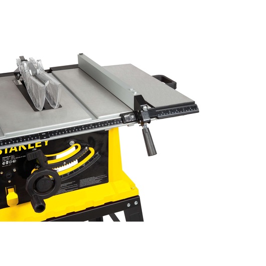 STANLEY STST1825 table saw with yellow base, black adjustment handle, and silver metal top, side angle.
