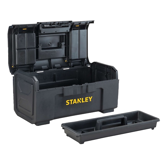 Stanley black toolbox with open lid, tray removed and placed in front, front angle on white background