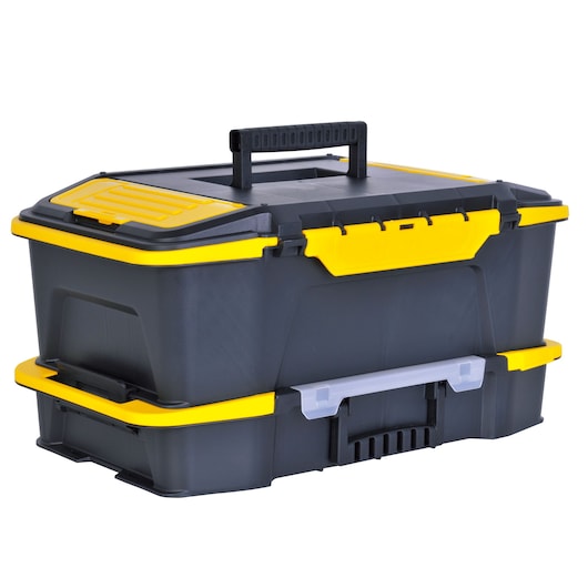 STANLEY STST19900 photography of black and yellow plastic toolbox, front angle, with carry handle and secure latches.