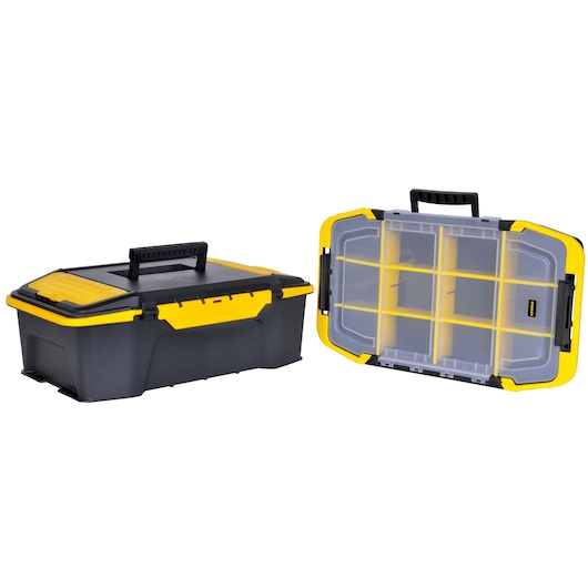 STANLEY STST19900 toolbox and organizer, black and yellow, photographed from front and side on white background.