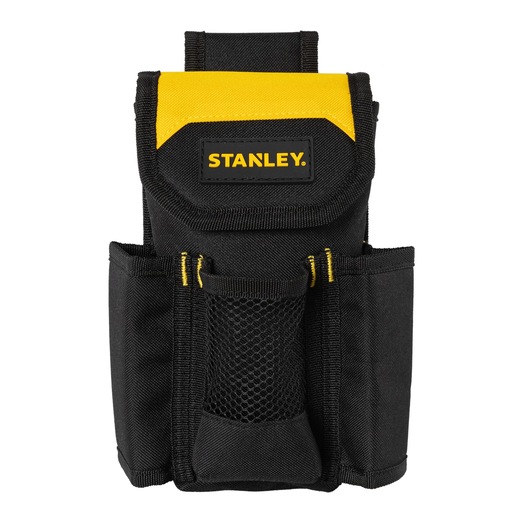 Black and yellow Stanley tool pouch with multiple compartments and mesh pocket.