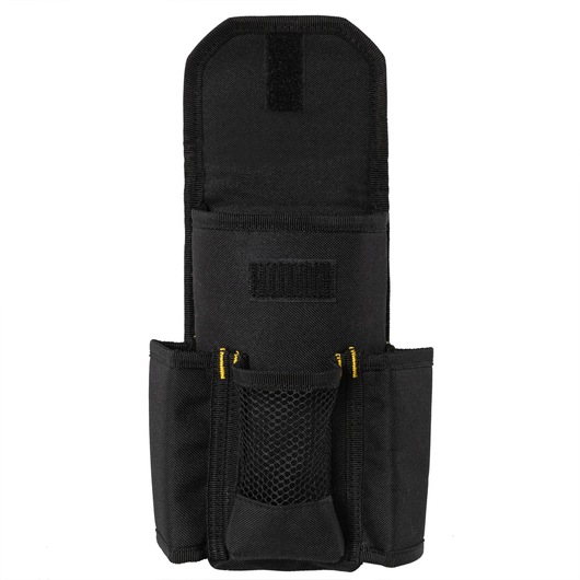 Black Stanley pouch for photography accessories with multiple compartments and mesh pocket.