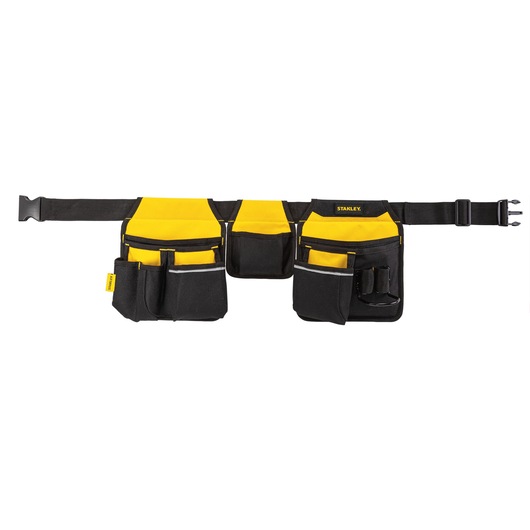 Stanley black and yellow tool belt with multiple pockets and compartments for organizing tools.