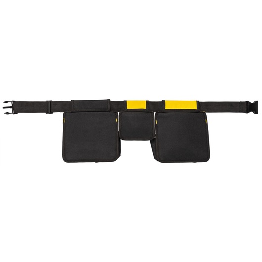 Stanley black tool belt with three pockets and yellow accents, designed for carrying photography accessories.
