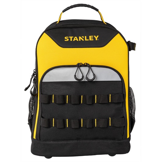 Stanley yellow and black tool backpack with front pockets and loops for organizing accessories.