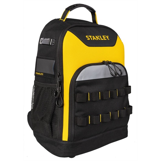 Stanley black and yellow backpack with front pocket, mesh side, and handle, designed for organizing photography tools.