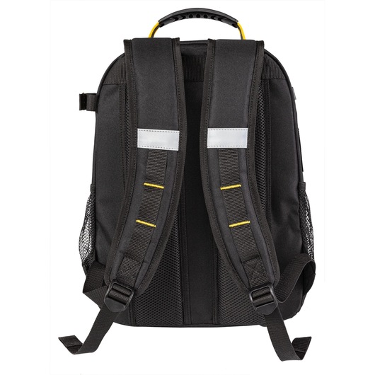 Back view of a black Stanley backpack with padded straps, mesh pockets, and yellow accents.