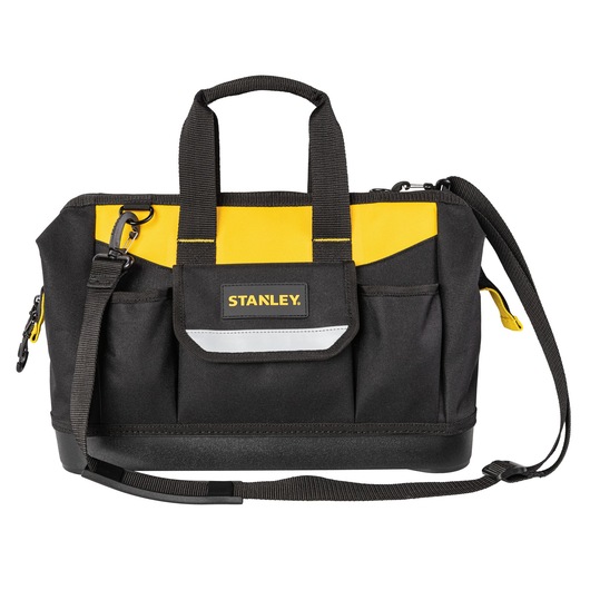 Stanley black and yellow tool bag with handles, shoulder strap, and exterior pockets.