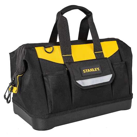 Stanley black and yellow tool bag with handles and front pockets, suitable for carrying equipment.