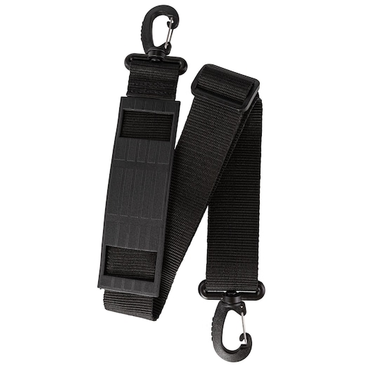 Black adjustable shoulder strap with hooks and padded section, suitable for carrying bags or cases.