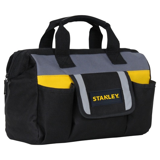 STANLEY tool bag, angled front view, black with gray and yellow accents, two handles, outer pockets, white background
