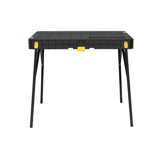 STANLEY STST83492-1 black foldable work table with yellow latches, front angle on white background.