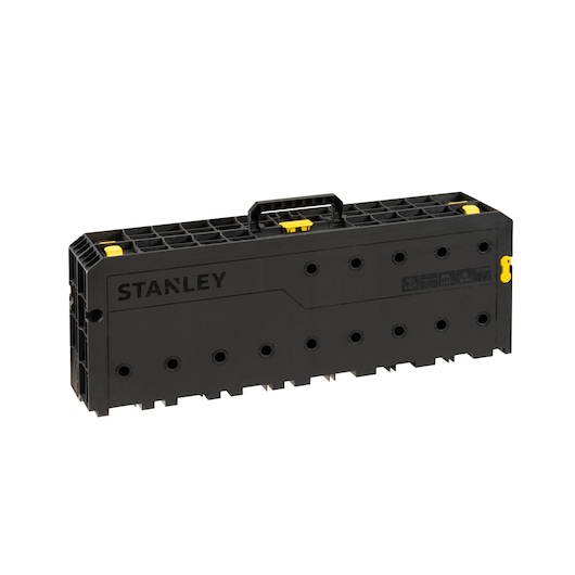 Photo of STANLEY STST83492-1 black plastic tool organizer, front angle, yellow latch, handle on top.