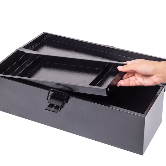STANLEY STST98726LA black metal toolbox with removable tray, photo of top angle.