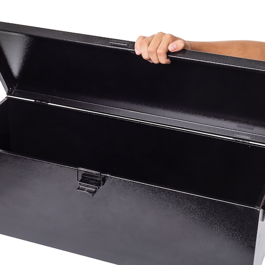 STANLEY STST98727LA black metal toolbox with open lid, shown from front angle on white background.
